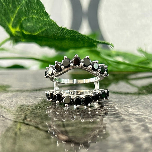 RAVEN Vintage Black Diamond Curved Ring Crown Wedding Band Guard- Onyx Matching Bridal Stacking Ring For Her