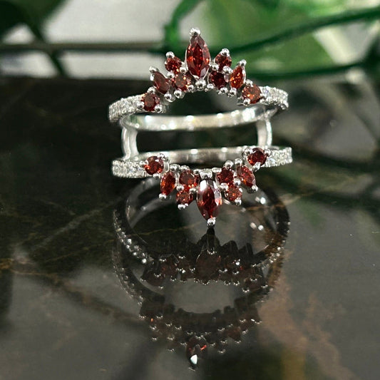 Marquise and Round Cut Red Garnet and White Diamond Wedding Ring Enhancer