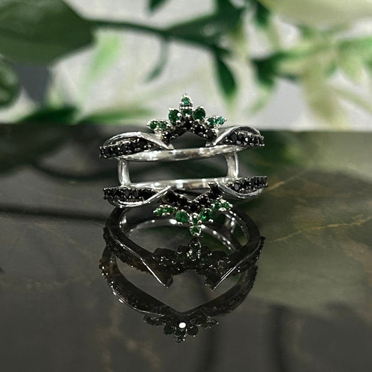 Green Emerald and Black Diamond Ring Enhancer 14K White Gold Finish Birthstone Ring Guard