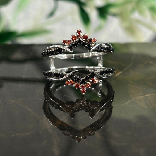Artisanal Red Garnet and Black Diamond Engagement Ring Guard in 925 Sterling Silver