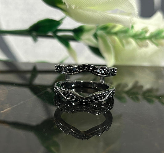 0.58Ct Black Diamond Wedding Ring Guard in 14K Black Gold Vermeil Gothic Ring Wrap