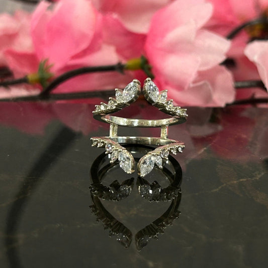 Marquise & Round Cut Open Ring Wrap Enhancer- Wedding Ring Guard- 925 Sterling Silver