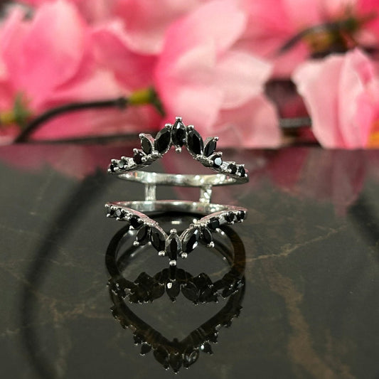 Marquise and Round Cut Black Diamond Ring Guard Enhancer- Wedding Ring Wrap- 925 Sterling Silver