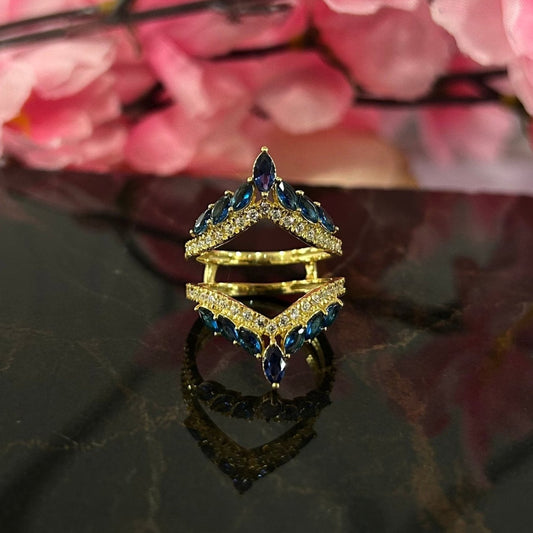 Marquise & Round Cut Blue Sapphire Diamond Ring Enhancer- Engagement Ring Guard- 14K Yellow Gold Over