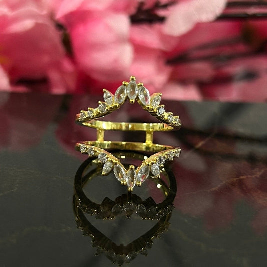 Marquise & Round Cut White Diamond Ring Wrap Enhancer- Engagement Ring Guard-14K Yellow Gold Finish