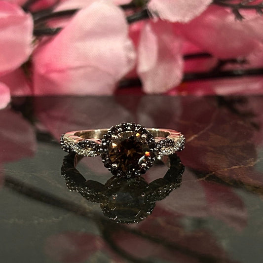 AMBER Natural Champagne Diamond Halo Wedding Ring- Crisscross Band Romantic Engagement Ring