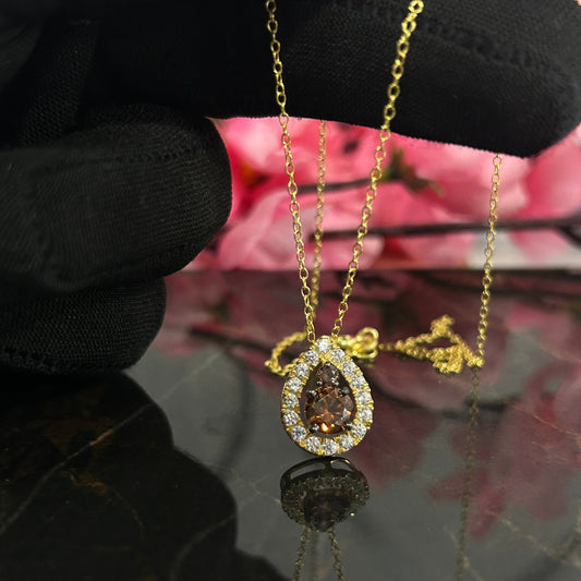 VIVA Teardrop Natural Champagne Diamond Halo Pendant Necklace in 14K Yellow Gold Vermeil