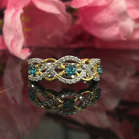 SCARLET 1.50Ct Blue Topaz and White Diamond Dainty Wedding Ring Solid Silver 14K Two Tone Gold Vermeil