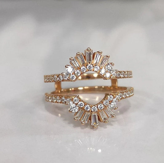 Art Deco Baguette Sunburst Diamond Ring Enhancer in 14K Yellow Gold Vermeil- Wedding Ring Wrap