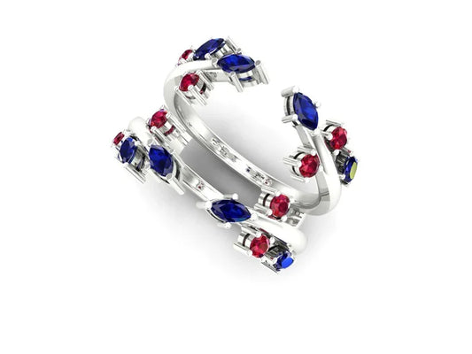 Marquise Cut Blue Sapphire & Red Garnet Leaf Floral Enhancer Wedding Band in 925 Sterling Silver