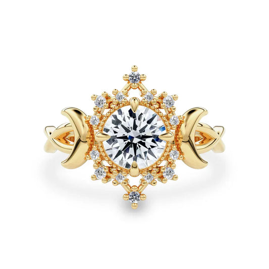 Round Cut Diamond Alice Star & Moon Magic Engagement Ring in 14k Yellow Gold Vermeil