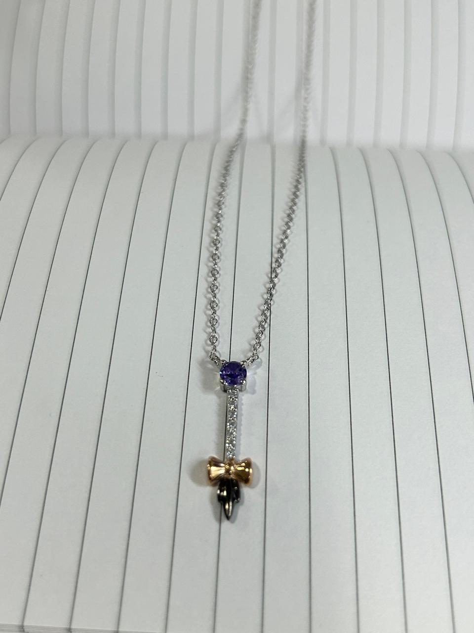 White Diamond and Amethyst Cute Tail of Eeyore Pendant Necklace With 18