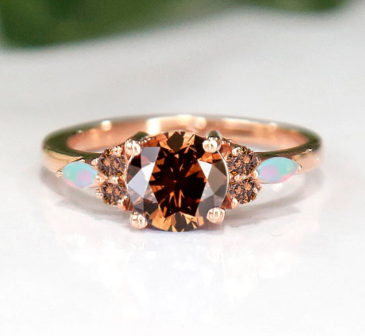 Brown Diamond & Opal Ring For Her in 14K Rose Gold Vermeil- Dainty Bridal Ring