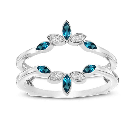 Marquise Cut London Blue Topaz & Diamond Ring Guard- 14K White Gold Vermeil