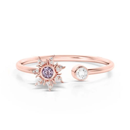 Magic Sunflower Lost Open Princess Diamond Ring in 14K Rose Gold Finish- Purple Amethyst Diamond Ring