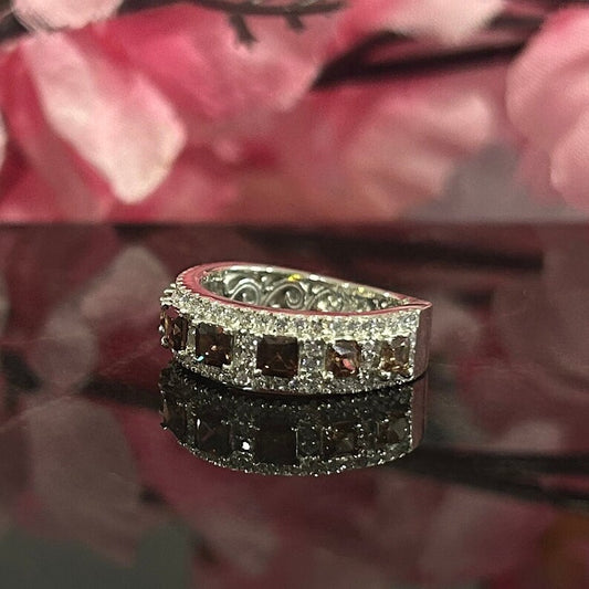 Vintage Assccher Cut Natural Brown Diamond Wedding Band in 925 Sterling Silver