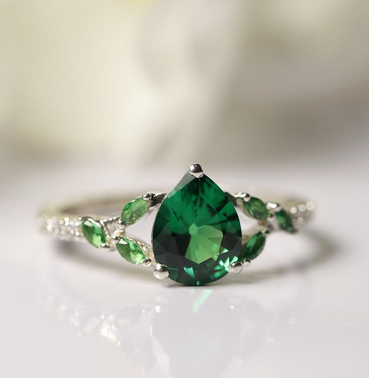 JADE Nature Inspired Green Emerald & Diamond Engagement Ring- Leaf Promise Ring- Anniversary Gift