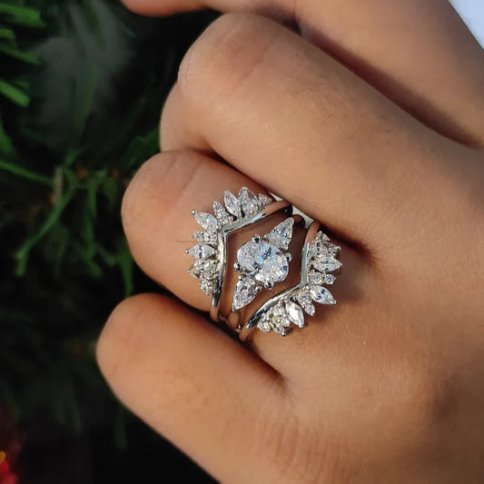 Vintage Marquise & Round Cut Diamond Engagement Ring Enhancer Set in 925 Sterling Silver