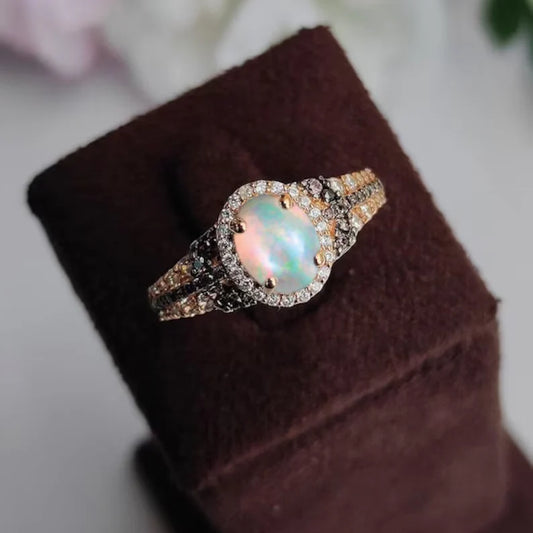 Oval Cut Rainbow Moonstone & Brown Diamond Engagement Ring- 14K Rose Gold Vermeil