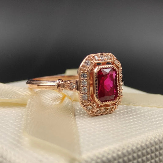 Antique Emerald Cut Ruby & White Diamond Ring in 14K Rose Gold Vermeil- Wedding Ring For Wife