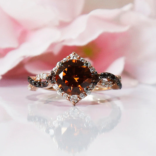 Round Cut Champagne Diamond Ring with Infinity Band in 14K Rose Gold Vermeil