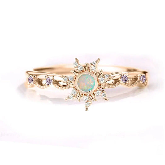 Magic Sunflower Lost Princess Opal & Purple Amethyst Diamond Ring in 14K Yellow Gold Finish