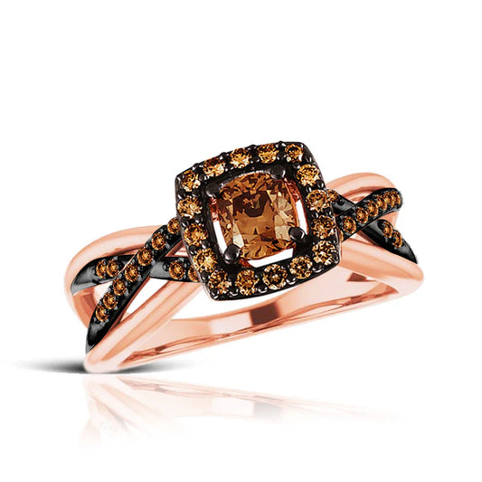 Brown Diamond Halo Engagement Ring in 14K Rose Gold Finish- Wedding Ring For Her