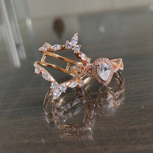 Pear Cut White Diamond Engagement Ring With Matching Ring Guard in 14K Rose Gold Vermeil