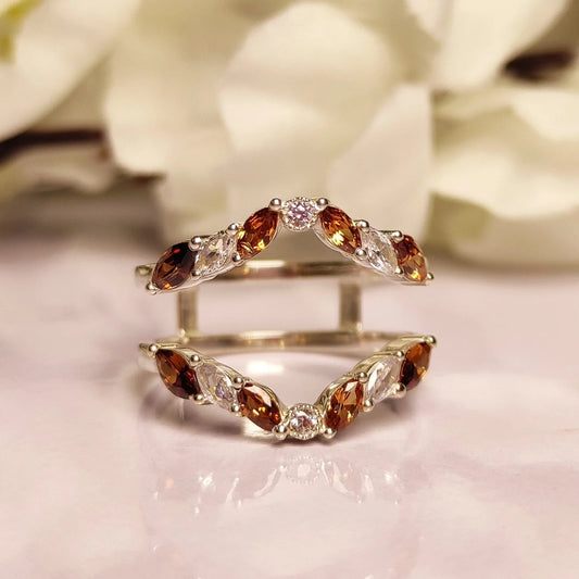 Unique Marquise Cut Champagne Diamond Engagement Ring Enhancer- 14K White Gold Vermeil