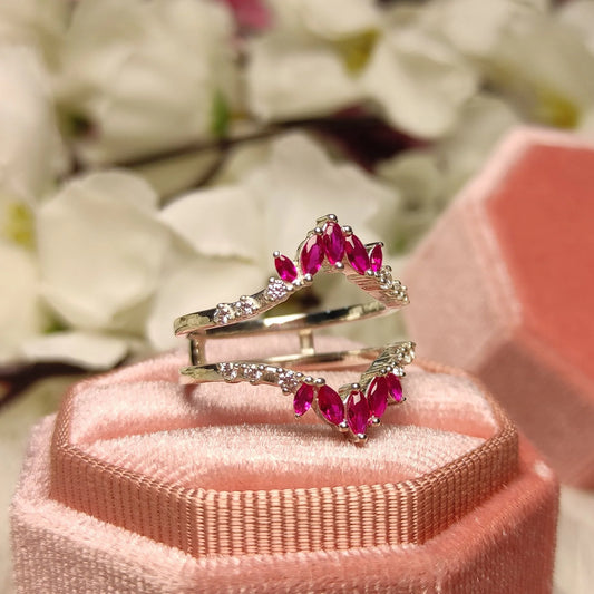 Marquise Cut Pink Ruby & Round White Diamond Ring Enhancer- 925 Sterling Silver