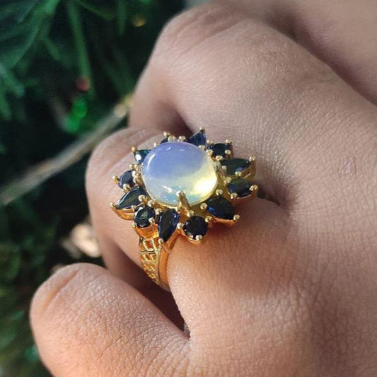 Oval & Round and Pear Cut Moonstone and Sapphire Diamond Halo Wedding Ring- Vintage Band