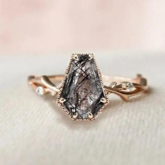 Shield Cut Black Rutilated Quartz & White Diamond Leaf Branch Engagement Ring- 14K Rose Gold Vermeil