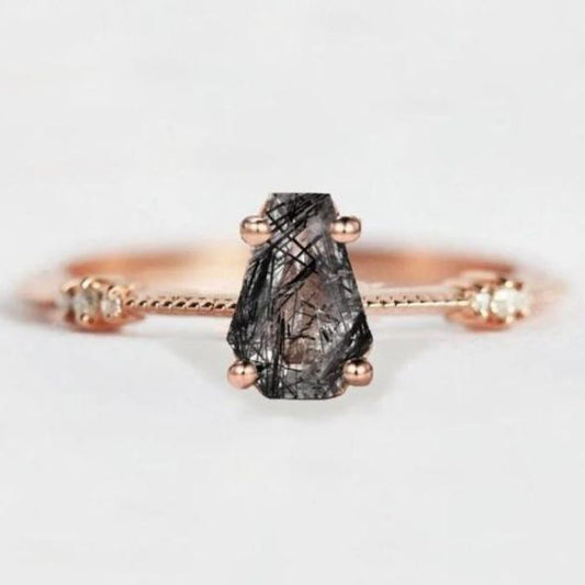 Shield Cut Black Rutile and White Diamond Ring- Vintage Band Wedding Ring 14K Rose Gold Vermeil