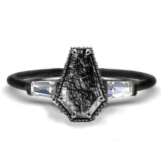 Shield Cut Black Rutiled Quartz Ring- Baguette Band Wedding Bridal Engagement Ring- 14K Black Gold Vermeil