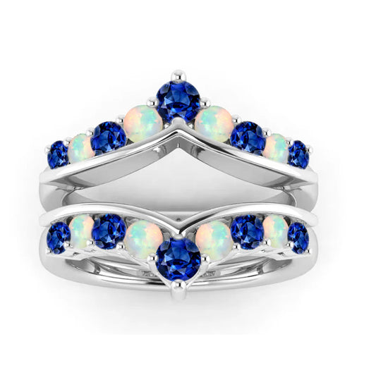 Round Opal & Blue Sapphire Ring Enhancer in 925 Sterling Silver- Engagement Ring Wrap