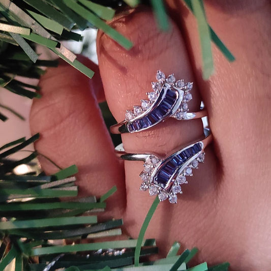 Baguette Cut Blue Sapphire and White Diamond Ring Guard- Wedding Engagement Ring Enhancer Wrap in 925 Sterling Silver