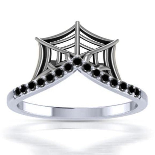 Round Cut Black Diamond Band- Spider Web Stackable Ring in 925 Sterling Silver- Web Ring Solid