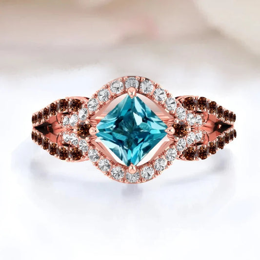 Princess Cut London Blue Topaz Diamond Engagement Ring in 14K Rose Gold Vermeil