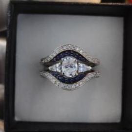 Oval & Round Cut Blue Sapphire Diamond Ring Wrap Enhancer- Bridal Ring Set- 925 Sterling Silver