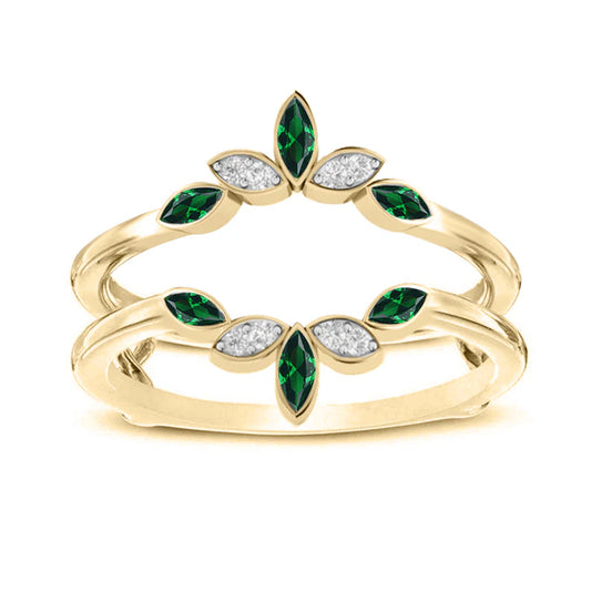 Green Emerald & Diamond Wedding Ring Jacket- 14K Yellow Gold Vermeil